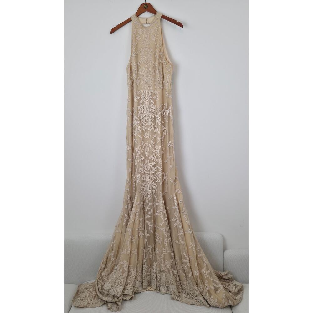 BHLDN Daisy Lace Halter Open Back Wedding Gown Champagne 10 NWT PRICE DROP - Picture 2 of 16